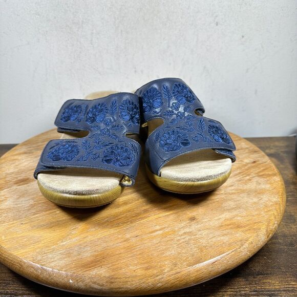 Alegria Leather Embroidered Wedge Sandal Navy LIN-622N Shoes Women’s Size 8.5‎ - Picture 2 of 8